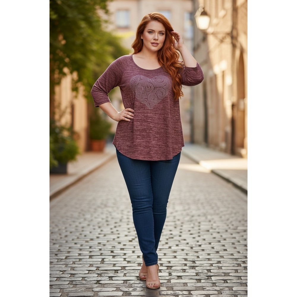 SJS Women XL Burgundy Space Dye Rhinestone Heart Raglan 3/4 Sleeve Knit Top